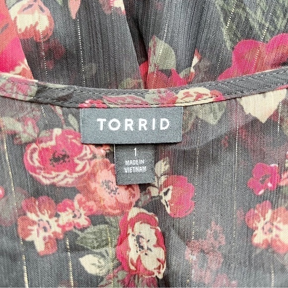 Torrid Babydoll Chiffon Lurex Crochet Lace-Up Sheer Blouse, Black Red Floral, 1X - Picture 4 of 14